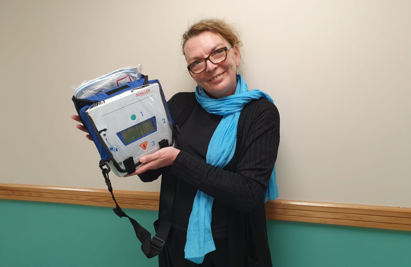 Tracey Haworth with a defib